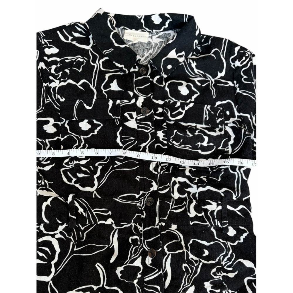 MELLODAY Black & White Floral Abstract Print Midi Shirt Rayon-Linen Blend Dress - Picture 7 of 11